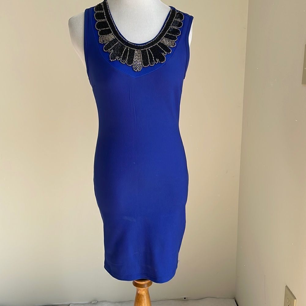 Blue cocktail dress royal blue with beading around the neck size Medium